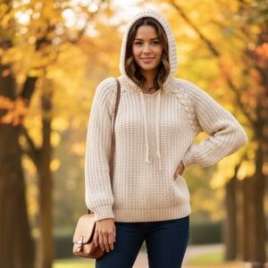 Anthropologie POL Hoodie Ivory Cream Chunky Cable Knit Sweater Women S Cozy Boho